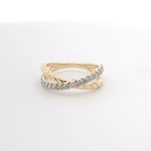 YELLOW GOLD DIAMOND AND ROPE DESIGN CROSS OVER RING 130-01686