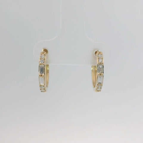 14K Yellow Gold Round and Baguette Diamond Hoop Earrings