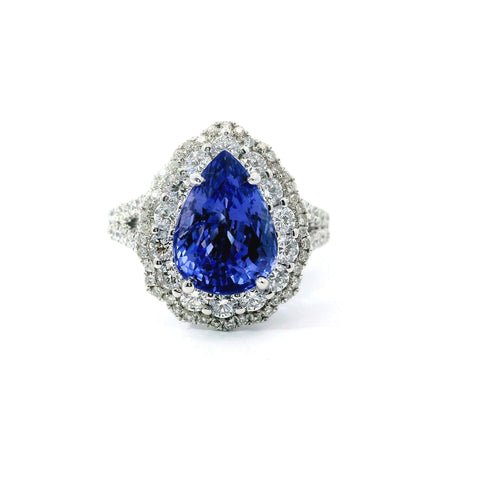 CUSTOM 14KT WHITE GOLD DOUBLE HALO SPLIT SHANK TANZANITE RING 200-04234