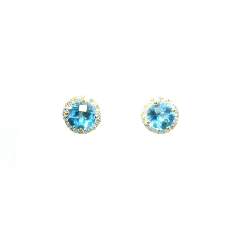 YELLOW GOLD SWISS BLUE TOPAZ AND DIAMOND HALO STUD EARRINGS 210-03209