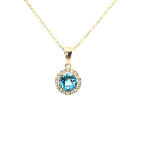 YELLOW GOLD SWISS BLUE TOPAZ & DIAMOND HALO PENDANT 230-02370