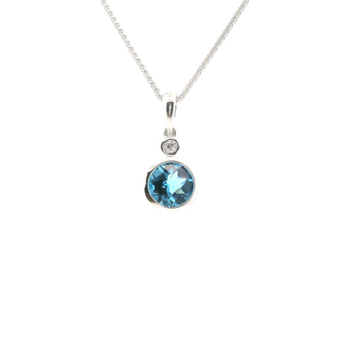 WHITE GOLD SWISS BLUE TOPAZ AND DIAMOND BEZEL SET PENDANT 230-02379