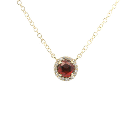 YELLOW GOLD GARNET & DIAMOND HALO NECKLACE 230-02387