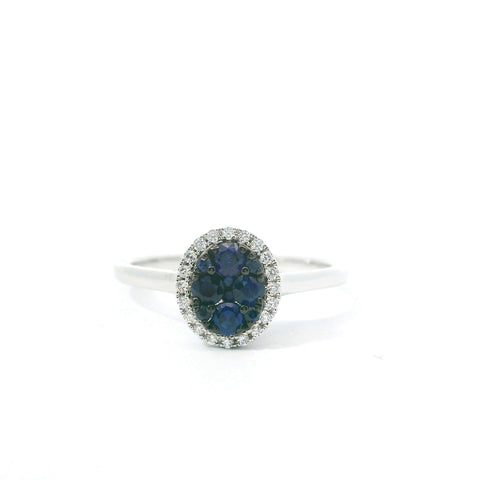 14KT WHITE GOLD SAPPHIRE CLUSTER RING WITH DIAMOND HALO 201-00404