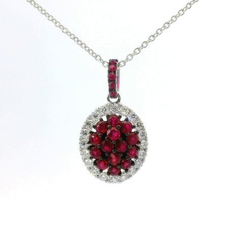 14KT WHITE GOLD RUBY CLUSTER PENDANT WITH DIAMOND HALO 231-00310