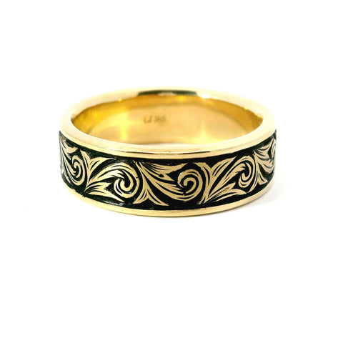 8MM 14KT YELLOW GOLD HAND ENGRAVED RING WITH ANTIQUING 400-08257