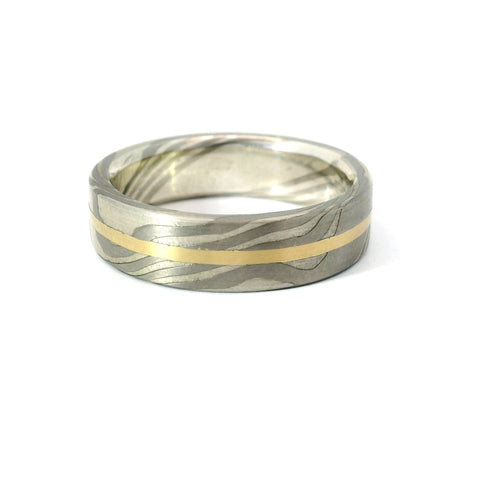 6MM STERLING SILVER, PALLADIUM 500 AND YELLOW GOLD MOKUME GANE RING 675-00194