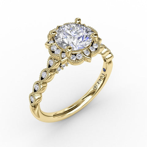Fana Round Diamond Engagement With Floral Halo and Milgrain Details 3311