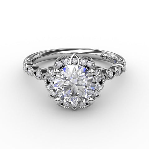 Fana Round Diamond Engagement With Floral Halo and Milgrain Details 3311