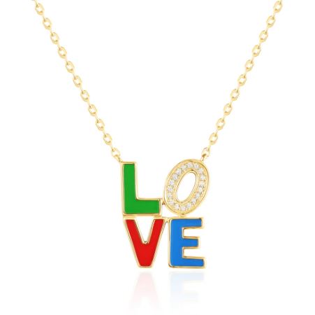 Luvente 14kt Yellow Gold Diamond, Enamel 'Love' Necklace N03547-MC.Y