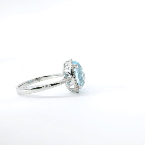 14K White Gold Swiss Blue Topaz Ring with Diamond Halo and Accents