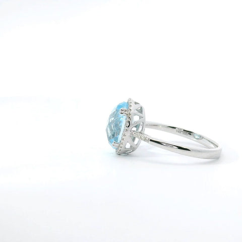 14K White Gold Swiss Blue Topaz Ring with Diamond Halo and Accents