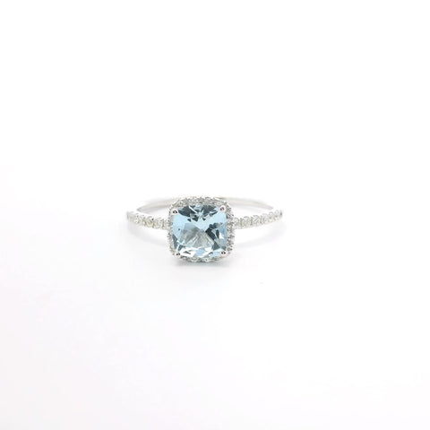 WHITE GOLD AQUAMARINE AND DIAMOND HALO RING 200-04185