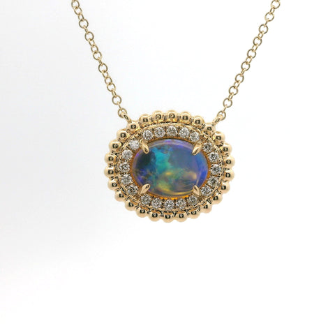 YELLOW GOLD OPAL & DIAMOND DOUBLE HALO NECKLACE 230-02384