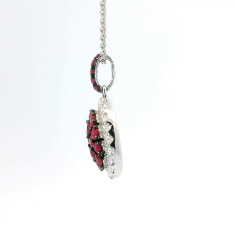 14KT WHITE GOLD RUBY CLUSTER PENDANT WITH DIAMOND HALO 231-00310