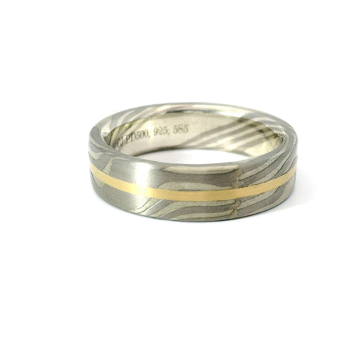 6MM STERLING SILVER, PALLADIUM 500 AND YELLOW GOLD MOKUME GANE RING 675-00194