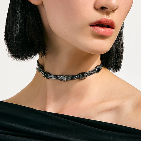 John Hardy Icon Stud Choker, Dark Silver, Diamonds, Velvet Ribbon NBP989992BRDBLDI