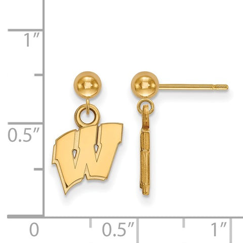 14k Yellow Gold University of Wisconsin Letter W Dangle Ball Post Earrings