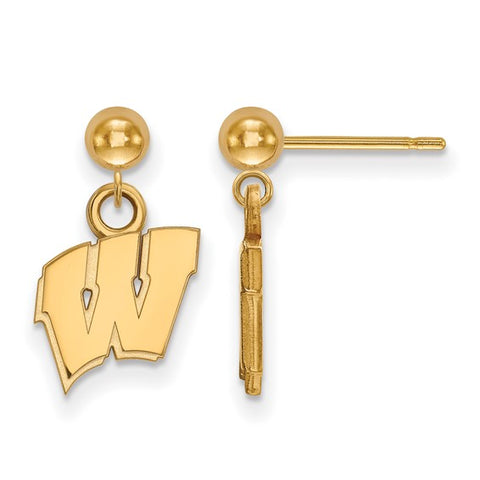 14k Yellow Gold University of Wisconsin Letter W Dangle Ball Post Earrings