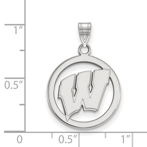 Sterling Silver Rhodium-plated University of Wisconsin Motion W Medium Circle Pendant