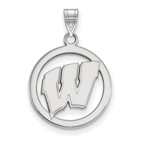 Sterling Silver Rhodium-plated University of Wisconsin Motion W Medium Circle Pendant