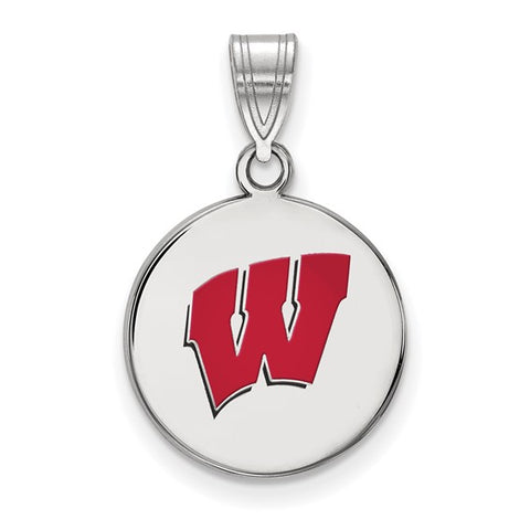 Sterling Silver Rhodium-plated University of Wisconsin Letter W Medium Enameled Pendant