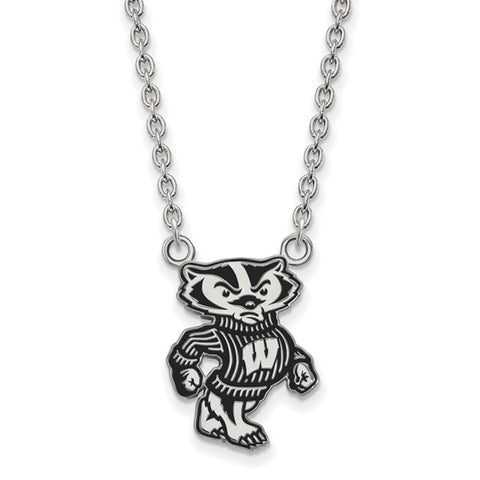 Sterling Silver University of Wisconsin Badger Large Enameled Pendant w/ 18" Necklace