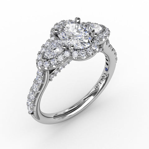 Fana Three-Stone Round Diamond Halo Engagement Ring 3218