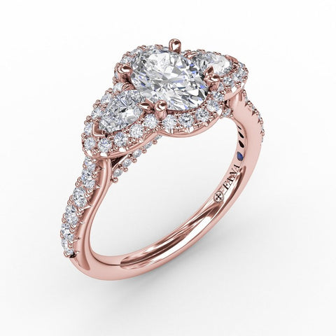 Fana Three-Stone Round Diamond Halo Engagement Ring S3218