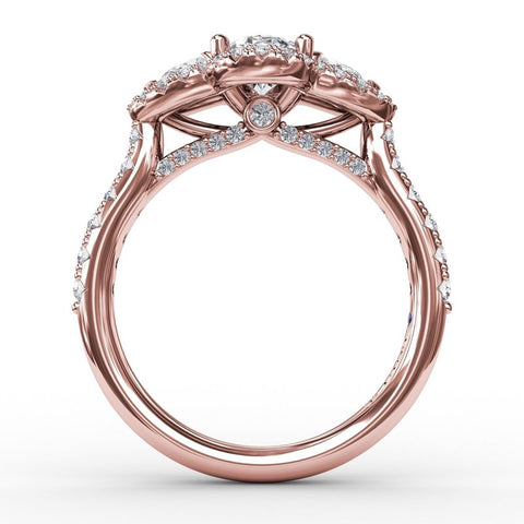 Fana Three-Stone Round Diamond Halo Engagement Ring S3218