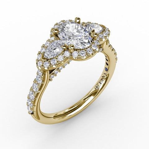 Fana Three-Stone Round Diamond Halo Engagement Ring S3218