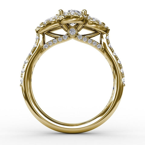 Fana Three-Stone Round Diamond Halo Engagement Ring S3218