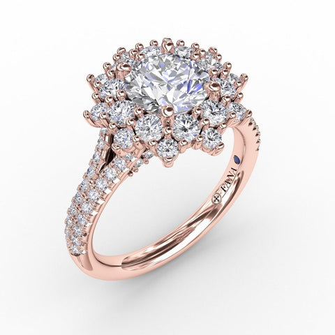 Fana Contemporary Floral Halo Engagement Ring With Double-Row Pavé Band 3234