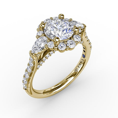 Fana Three-Stone Diamond Halo Engagement Ring With Pear-Shape Side Stones S3231