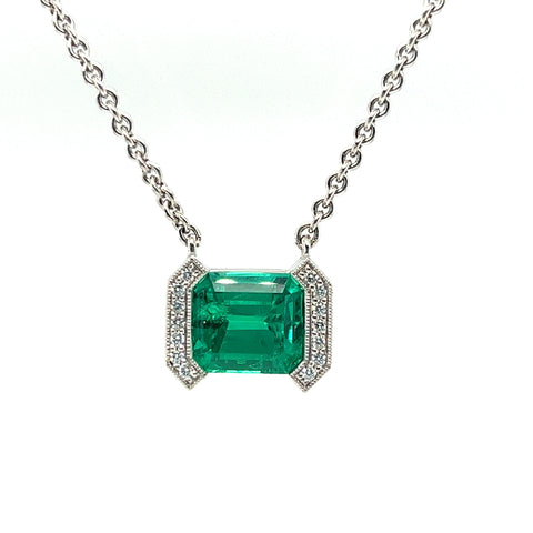 Custom Platinum 5.18 CT Natural Emerald and Diamond Necklace