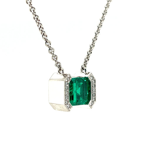 Custom Platinum 5.18 CT Natural Emerald and Diamond Necklace