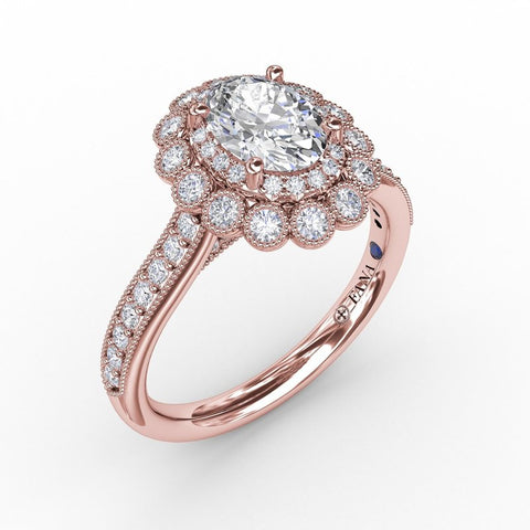 Fana Vintage Double Halo Oval Engagement Ring With Milgrain Details S3189