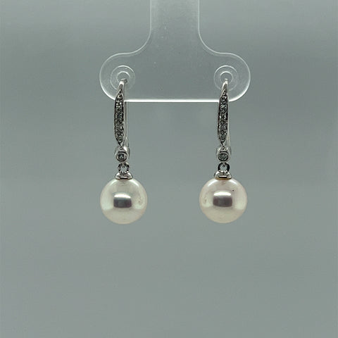 Fresh Water White Pearl and Diamond Dangle Earrings