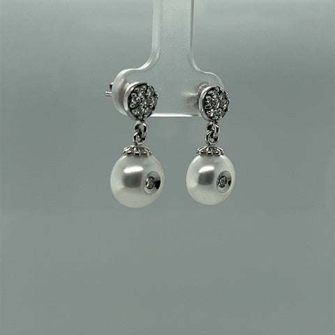 Galatea White Button Pearl and Diamond Dangle Earrings