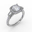 Fana Three-Stone Diamond Halo Engagement Ring with Baguette Side Stones 3285