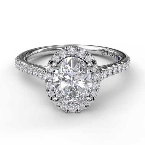 Delicate Oval Shaped Halo And Pave Band Engagement Ring 3792 - Chalmers Jewelers