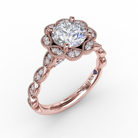 Fana Round Diamond Engagement Ring With Floral Halo and Milgrain Details S3214
