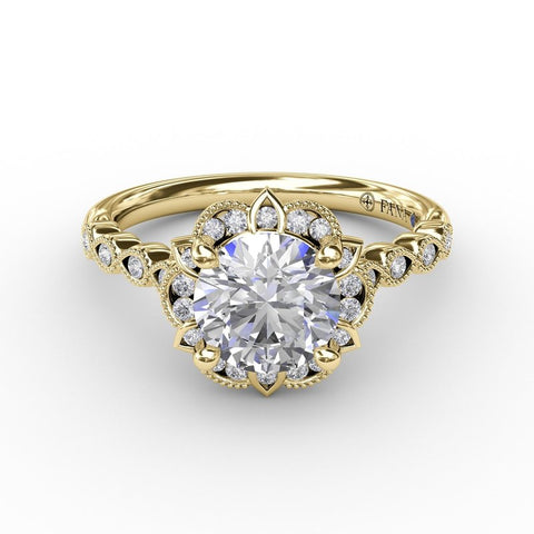 Fana Round Diamond Engagement With Floral Halo and Milgrain Details 3311